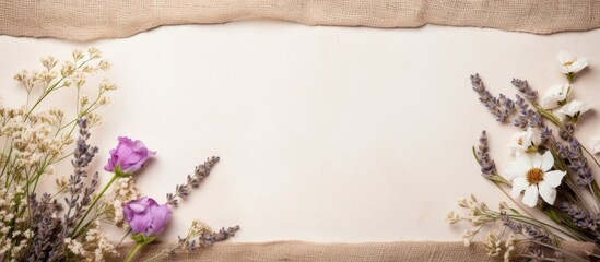 Aufkleber - A herbarium of flowers and branches displayed on a light craft background with burlap border, ideal for a copy space image.