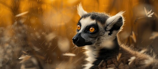 Aufkleber - Blurry backdrop with a charming ring-tailed lemur in a close-up portrait, providing room for text in the image. with copy space image. Place for adding text or design