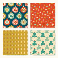 Seamless Christmas pattern set including vintage baubles, stars, and trees in retro pastel colors.  Ideal for wrapping paper, greeting cards, backgrounds, decorations, and more.