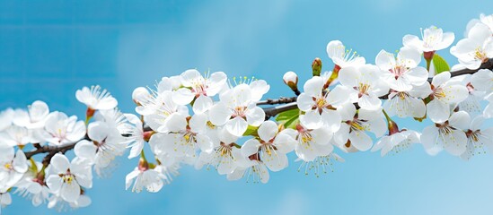 Wall Mural - Flowering cherry plum tree with white flowers against a blue sky, providing a background featuring copy space image.