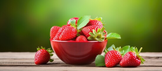 Poster - Fresh wild strawberry resting in a plate on a rustic wooden table outside, with ample copy space image.