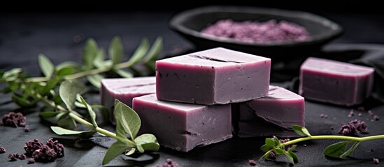 Aufkleber - Handmade organic soap bars with charcoal on a bright background, accompanied by blackcurrant sorbet, with focused elements and room for additional text or images.
