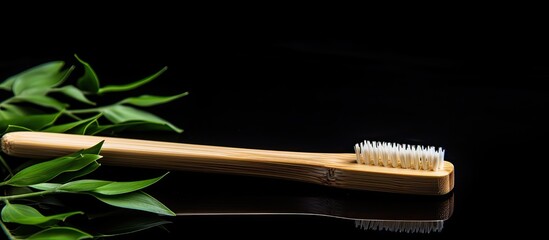 Poster - Trendy eco-friendly bamboo toothbrush with antibacterial properties, white bristles on black backdrop, highlighting environmental care as popular, with copy space image.