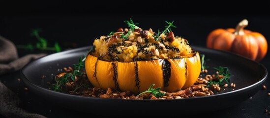 Poster - A seasonal autumn dish features pumpkin topped with thyme-garlic minced meat on a black plate, with ample copy space for overlaying text or graphics in the image.