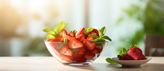 Leinwandbilder - Fresh strawberry fruit salad paired with a cup of green tea makes for a nourishing meal with a vibrant and natural charisma in the copy space image.
