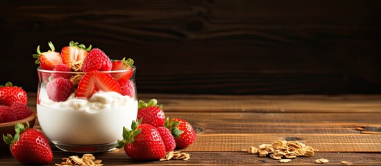 Poster - Glass of diet yogurt with granola, fresh berries, and strawberry slices on a wooden table with a spacious area for additional content or text.
