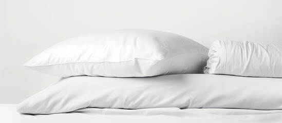 Wall Mural - Clean bed sheets and pillow stacked neatly against a white backdrop, with available copy space image.