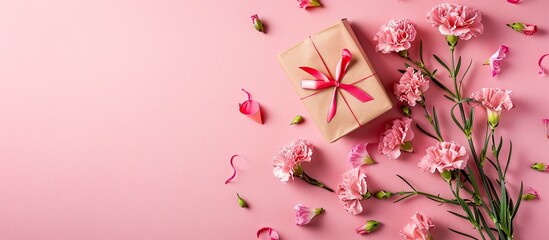 Poster - A Mother's Day design idea featuring a top view of carnations and a gift box on a pink background suitable for weddings and Valentine's Day, with available space for adding images or text