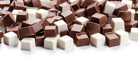 Fototapete - A white background features chocolate cubes with copy space image available.