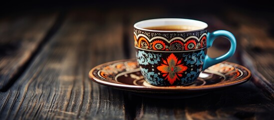 Poster - Traditional Turkish coffee cup with intricate patterns and a retro feel, placed on a wooden table with a blank copy space image for text or design elements.