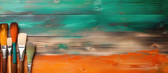Poster - Copy space image featuring green and orange painted brushes on a wooden surface.