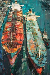 Poster - A detailed view of oil tankers docked at a port, showing various ships moored with industrial cranes and infrastructure in the background