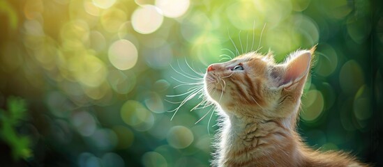 Poster - Closeup portrait of a ginger kitten on a green background with copy space image as it gazes downward.