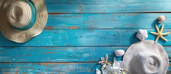 Aufkleber - Bird's eye view of ocean pier with blue planks by the shore, styled with summer items. Background features wood texture with ample copy space for adding text or images.