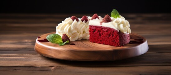 Aufkleber - Red velvet cake with white cream on a wooden plate, providing ample space for text or images.