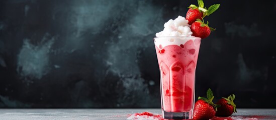 Poster - Frozen creamy cocktail with whipped ice cream, rhubarb, and sliced strawberries for a strawberry rhubarb milkshake copy space image.
