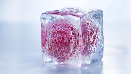 Cryopreservation of genetic material. Ovum in ice cube on white background