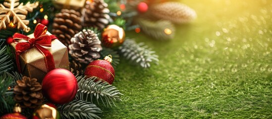 Poster - Festive New Year and Christmas celebration with Christmas decor on a green grass backdrop ideal for a copy space image.
