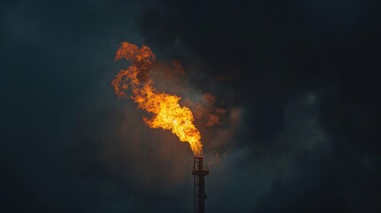 Close-up macro shot of a refinery flare burning brightly against a dark, dramatic sky