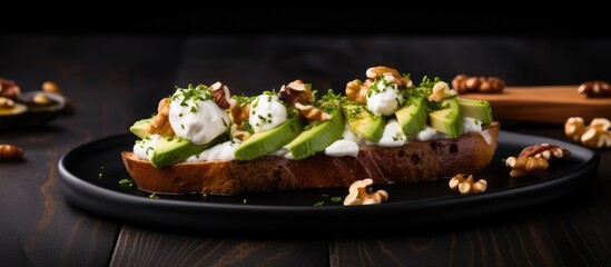 Aufkleber - French loaf slices topped with avocado, poached egg, and walnuts on a black lava plate on a wooden table with a warm tone background enhancing the copy space image.
