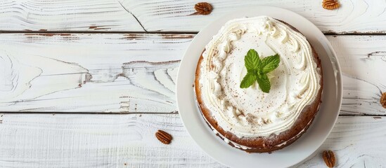 Leinwandbilder - Delicious homemade cake on a white wooden table, creating a flat lay composition with space for text in the image. with copy space image. Place for adding text or design