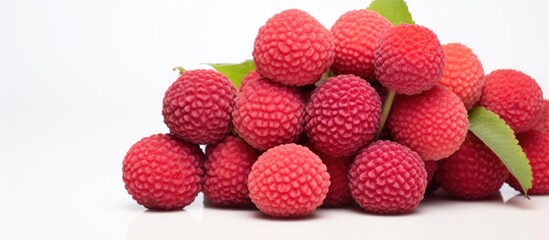 Poster - Studio shot of stacked litchis on a white background with a copy space image available.
