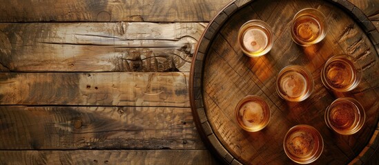Poster - Flat lay composition featuring a wooden barrel, glasses of whiskey, with an opportunity for text in the image. with copy space image. Place for adding text or design