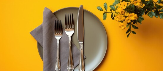 Aufkleber - Top view of a table place setting featuring bright yellow tones, a gray linen napkin with intricate embellishments, cutlery, all set against a yellow backdrop with copy space image.