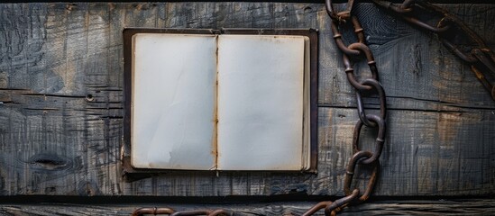 Poster - Top view of a notebook with a blank page, set on a wooden table with an old rusty iron chain beside it, creating a copy space image.