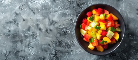 Leinwandbilder - Healthy fresh fruit salad in a bowl on a gray background. with copy space image. Place for adding text or design