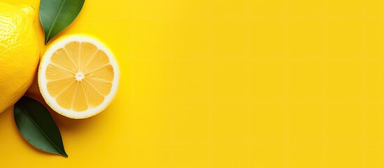 Aufkleber - A lemon fruit on a yellow background in a flat lay, top view with ample copy space for customization.