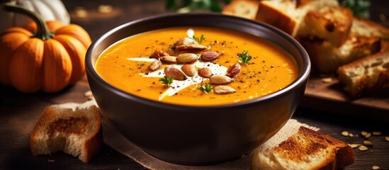 Aufkleber - Pumpkin soup garnished with seeds, spices, herbs, and croutons on a rustic backdrop with ample copy space image.
