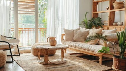 Poster - Cozy warm Living room with wooden woven furniture Generative AI