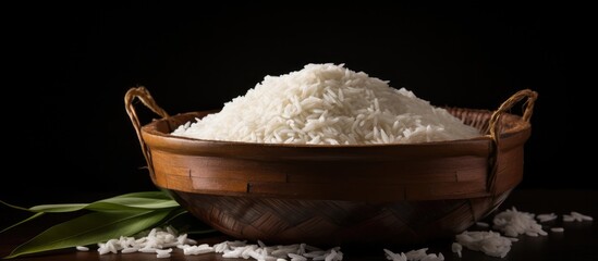 Aufkleber - Bamboo basket with raw Basmati rice on black background, featuring copy space image.