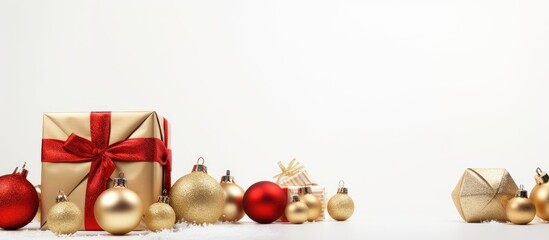 Aufkleber - Christmas gift box and baubles set against a white backdrop with available copy space image.