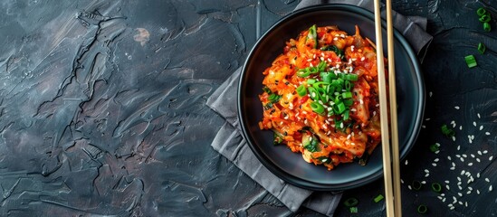 Aufkleber - Flat lay composition of homemade organic Korean kimchi salad on a dark table with chopsticks, showcasing fermented vegan gut-friendly food; background with copy space image.