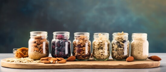 Poster - Glass jars on a wooden tray display homemade granola (muesli) made from oat flakes, honey, olive oil, and a variety of nuts with a light grey concrete background for copy space image.