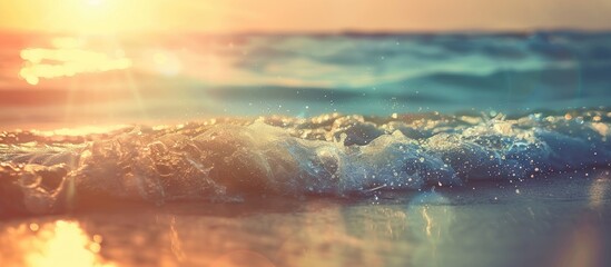 Aufkleber - A blurry tropical beach with sunlit waves creates an abstract background for a summer vacation theme, featuring vintage tones and a relaxing atmosphere with copy space image.