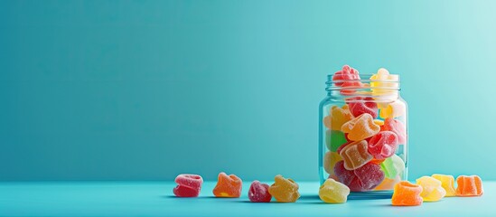 Poster - Blue background with a jar of assorted jelly candies, offering copy space in the scene.