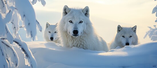 Poster - Arctic Wolves, elegant and fierce creatures, are master hunters in their icy habitat, captured in a stunning photograph with a serene background of snow-covered landscapes, offering ample copy space