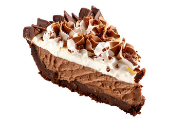 Wall Mural - Close-up of a chocolate cream pie featuring a golden crust, zesty lemon filling isolated on white transparent background.