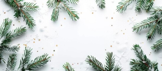 Poster - Christmas greeting surrounded by a frame of fir branches on a white background with available space for your text. with copy space image. Place for adding text or design
