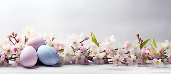 Poster - Creative Easter banner featuring spring flowers and Easter eggs, perfect for table decoration with an Easter concept. Enhance your holiday celebrations with empty copy space image.