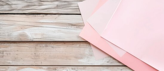 Poster - Abstract white and pink paper sheets adorning a wooden table with a copy space image for text, serving as a creative background perfect for design or mock-ups.