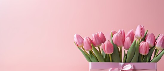 Poster - Banner with a group of pink tulips on a matching pink backdrop, featuring a card displaying 'HAPPY BIRTHDAY' along with a present, providing ample copy space image.
