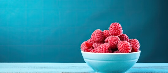 Poster - Fresh raspberries in a bowl on a blue backdrop with copy space image.