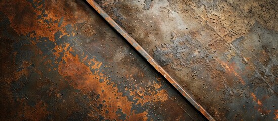 Poster - A rusty metal surface with a diagonal border line divides the image into two parts, providing a textured background with copy space image.