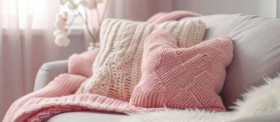 Poster - Decorative cushion with knitted . Isolated on pastel background. with copy space image. Place for adding text or design