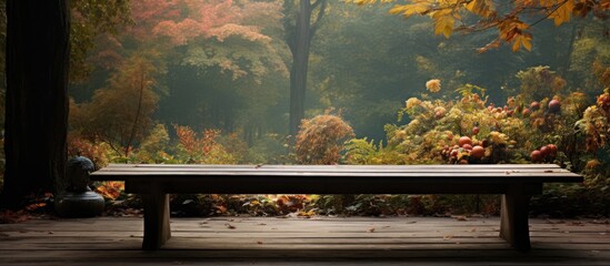 Aufkleber - Autumn scenery featuring a wooden table with a vacant area for product presentation in an outdoor setting. with copy space image. Place for adding text or design