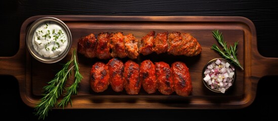 Aufkleber - Great beer snack of fried sausages with sauces and herbs on a wooden serving board, set on a dark background, viewed from the top with copy space image.